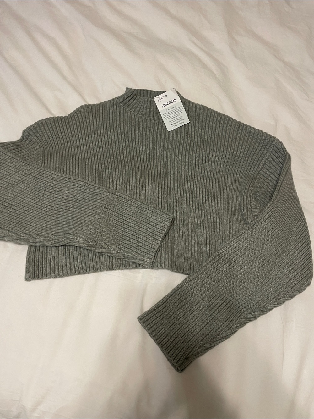 Mable- Ribbed Knit Mock Neck Cropped Sweater — Sage Green - size small